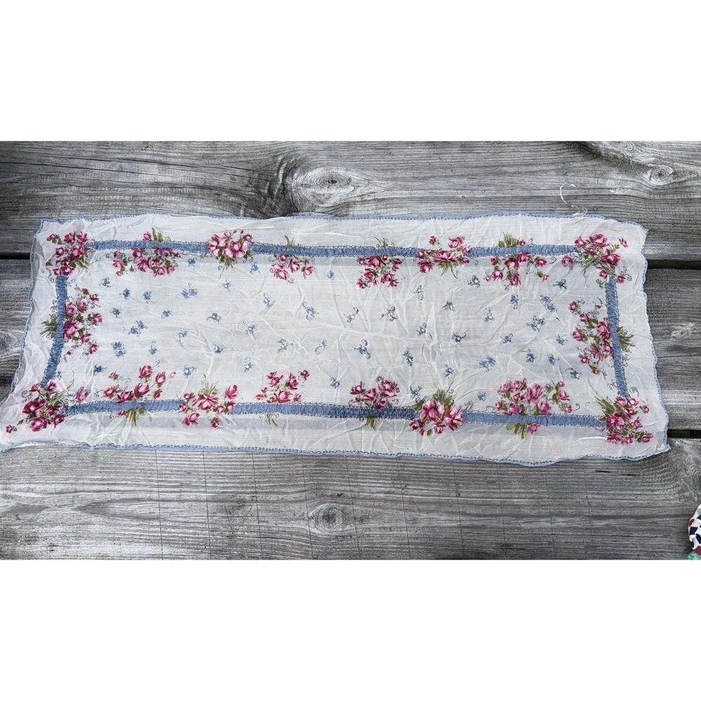 Vintage Glentex Sheer Silk Floral Scarf Made in Japan White Blue Pink 38x14.5